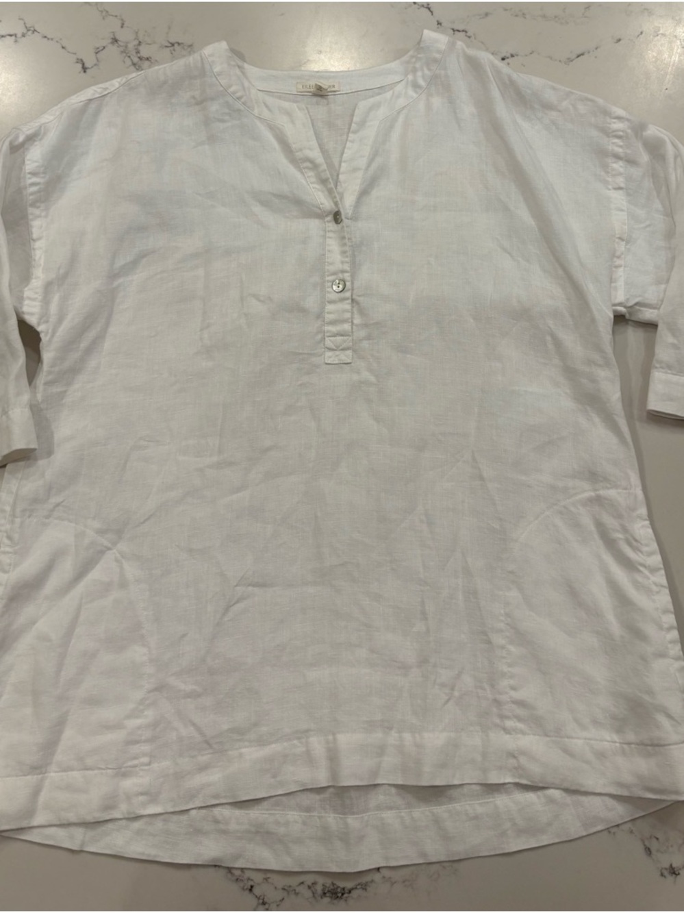 Eileen Fisher 100% Organic Linen Tunic Quarter Sleeve Top White Button Up
